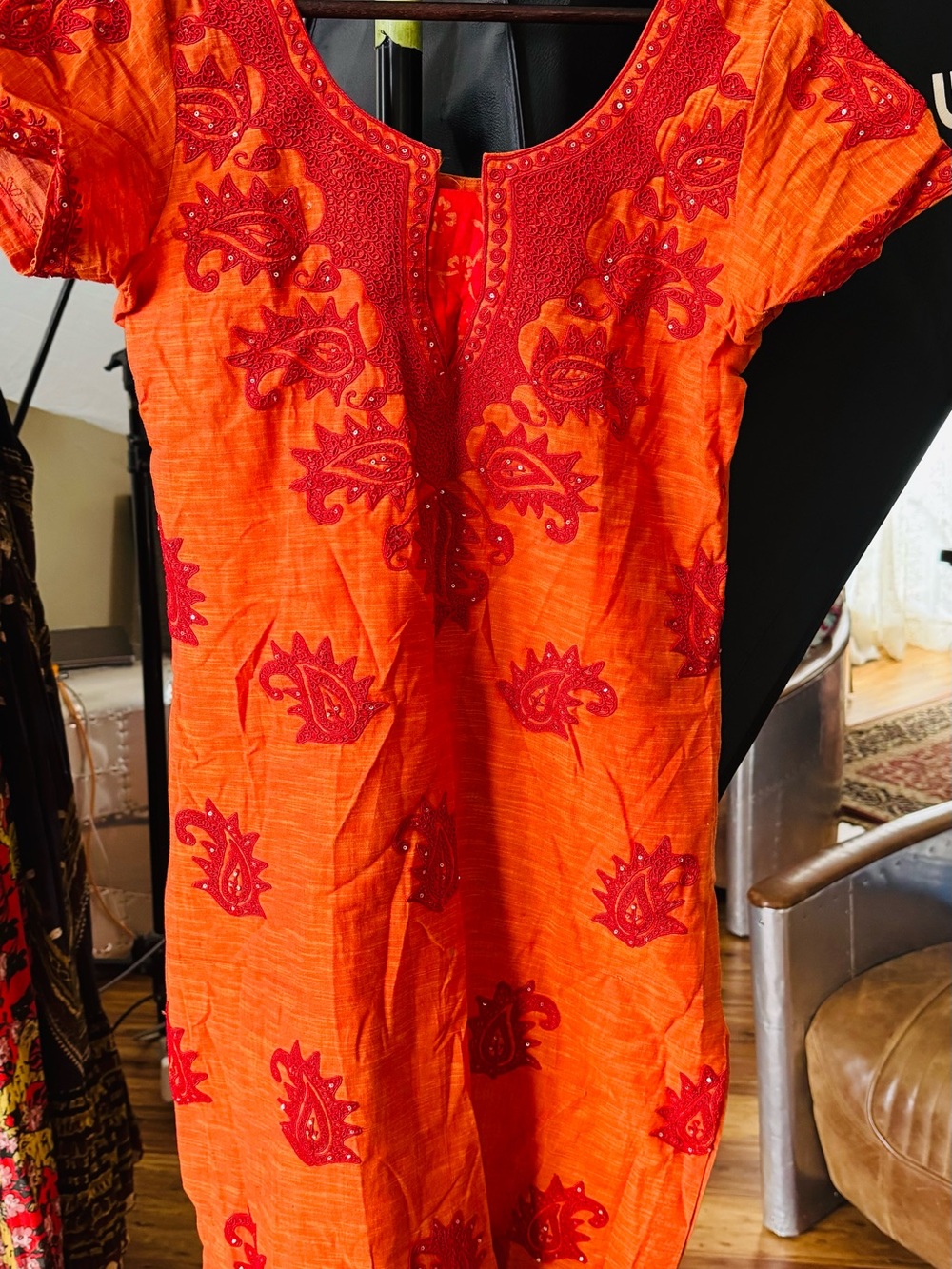Vibrant Orange Embroidered Women’s Kurta Midi